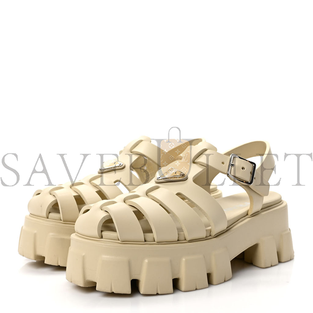 PRADA FOAM RUBBER METAL TRIANGLE LOGO MONOLITH 55MM CAGE SANDALS 39 QUARZO