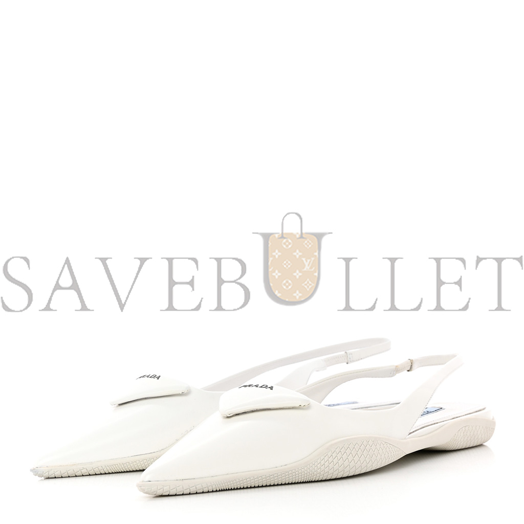 PRADA SPAZZOLATO TRIANGLE LOGO POINTED TOE SLINGBACK FLATS 37 WHITE