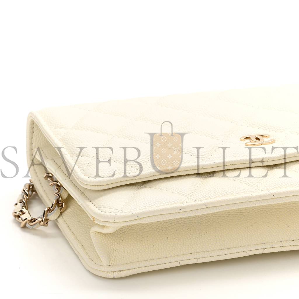 CHANEL CAVIAR QUILTED WALLET ON CHAIN WOC WHITE ROSE GOLD HARDWARE (19*12*4cm)