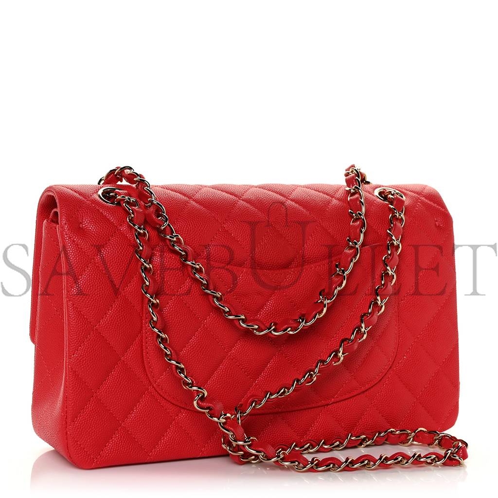 CHANEL CAVIAR QUILTED MEDIUM DOUBLE FLAP RED ROSE GOLD HARDWARE (25*15*6cm)