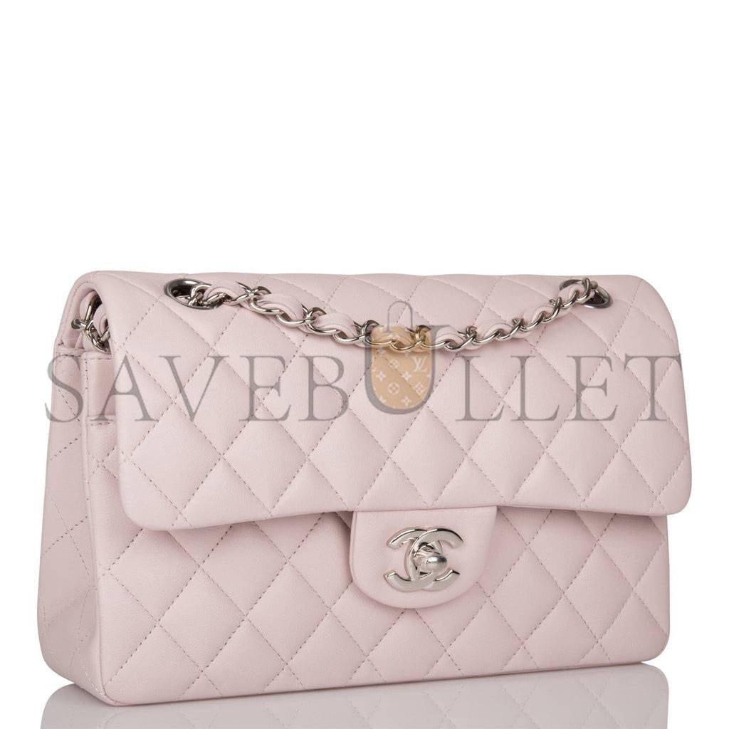 CHANEL SMALL CLASSIC DOUBLE FLAP BAG LIGHT PINK LAMBSKIN SILVER HARDWARE (23*13*6cm)