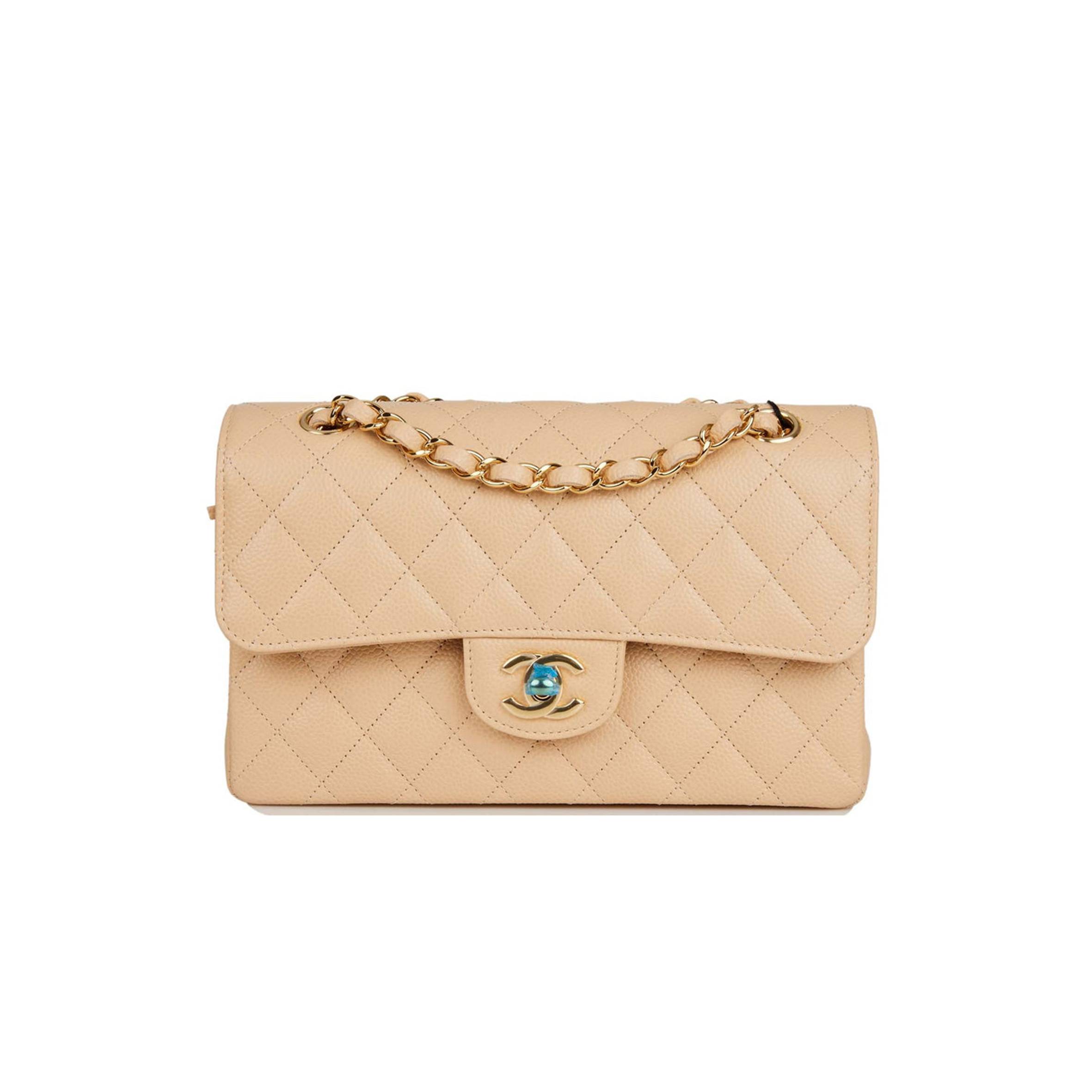 CHANEL SMALL CLASSIC DOUBLE FLAP BAG BEIGE CAVIAR GOLD HARDWARE (23*13*6cm)