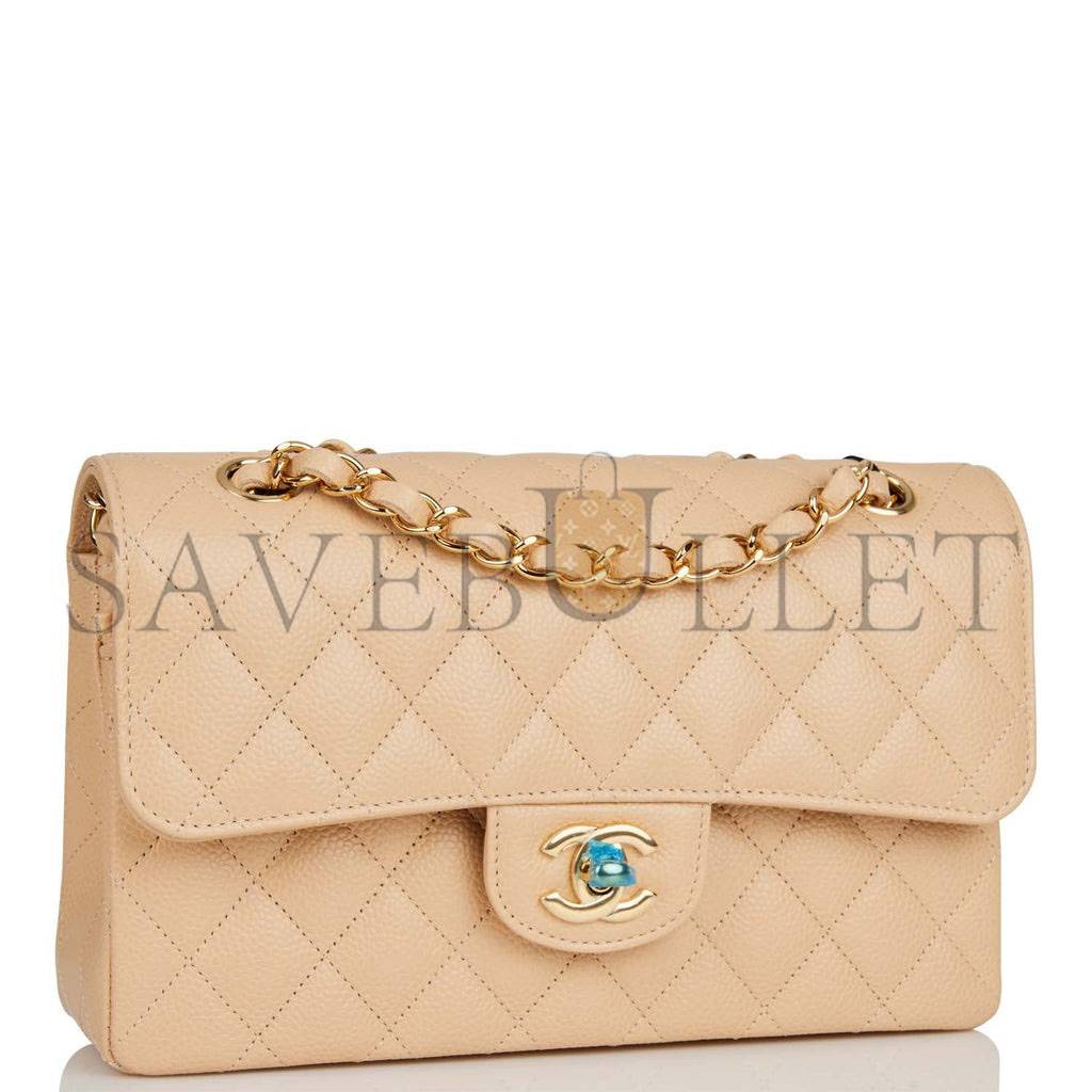 CHANEL SMALL CLASSIC DOUBLE FLAP BAG BEIGE CAVIAR GOLD HARDWARE (23*13*6cm)