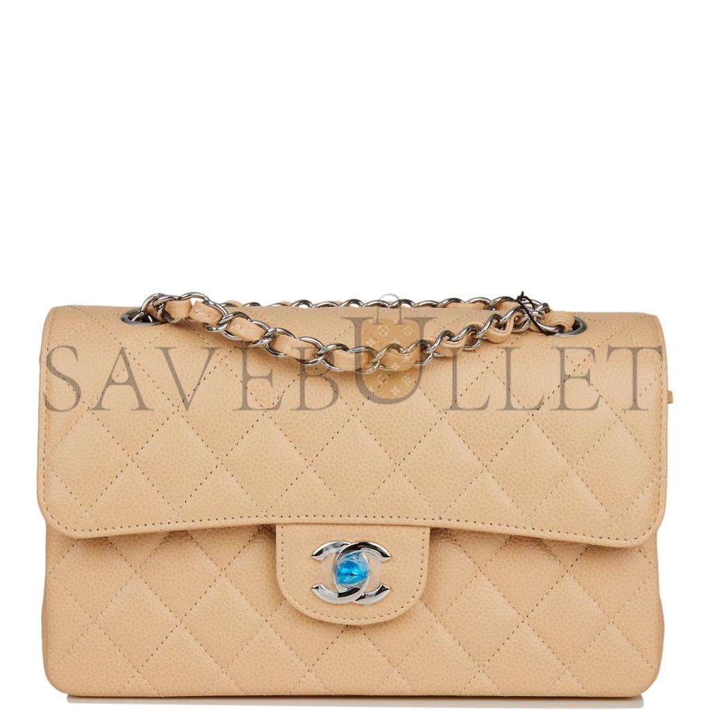 CHANEL SMALL CLASSIC DOUBLE FLAP BAG BEIGE CAVIAR SILVER HARDWARE (23*13*6cm)