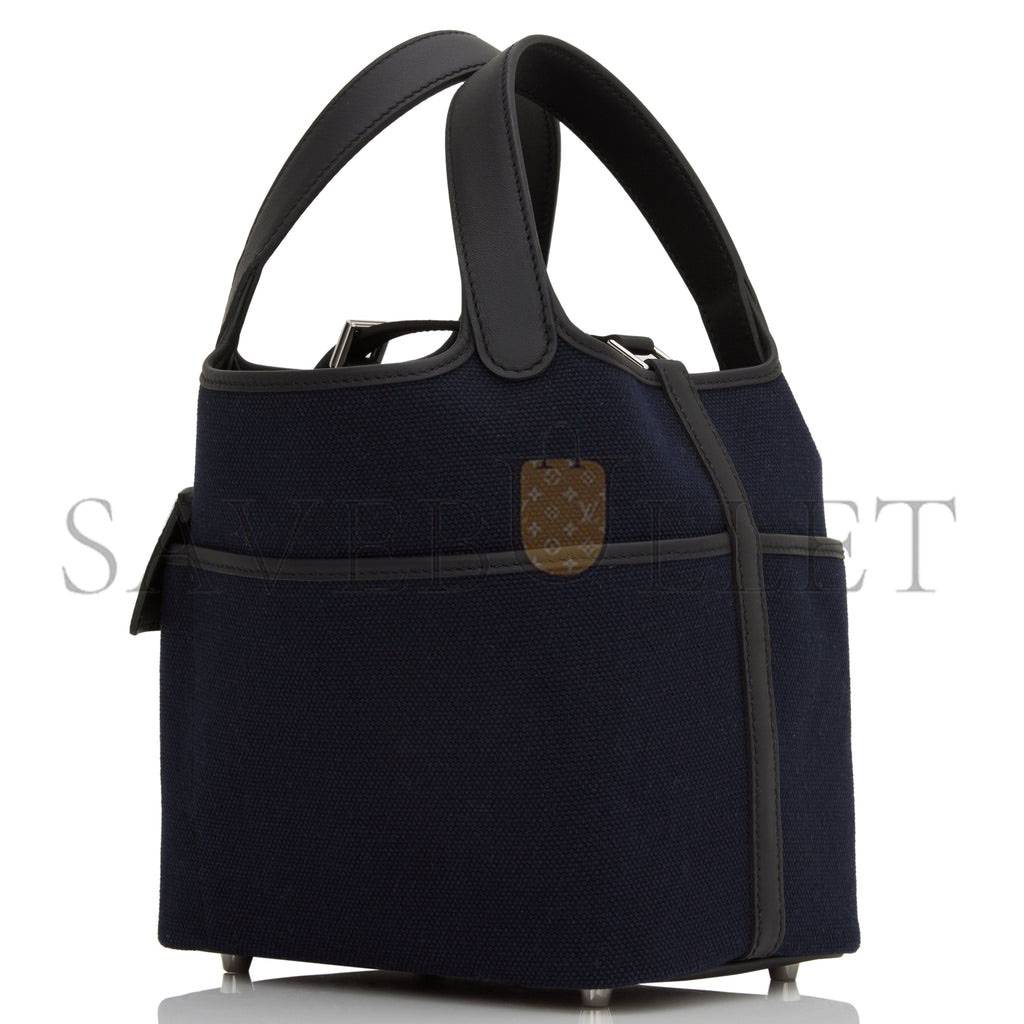 HERMES PICOTIN CARGO 18 BLEU MARINE AND BLACK SWIFT AND TOILE CANVAS PALLADIUM HARDWAR(18*13*18cm)