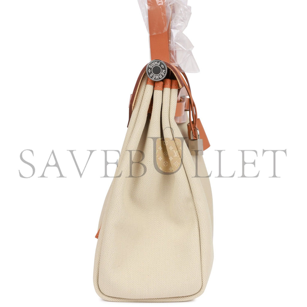 HERMES HERBAG ZIP PM 31 BETON TOILE H BERLINE VACHE NATUREL HUNTER PALLADIUM HARDWARE(30*27*11cm)