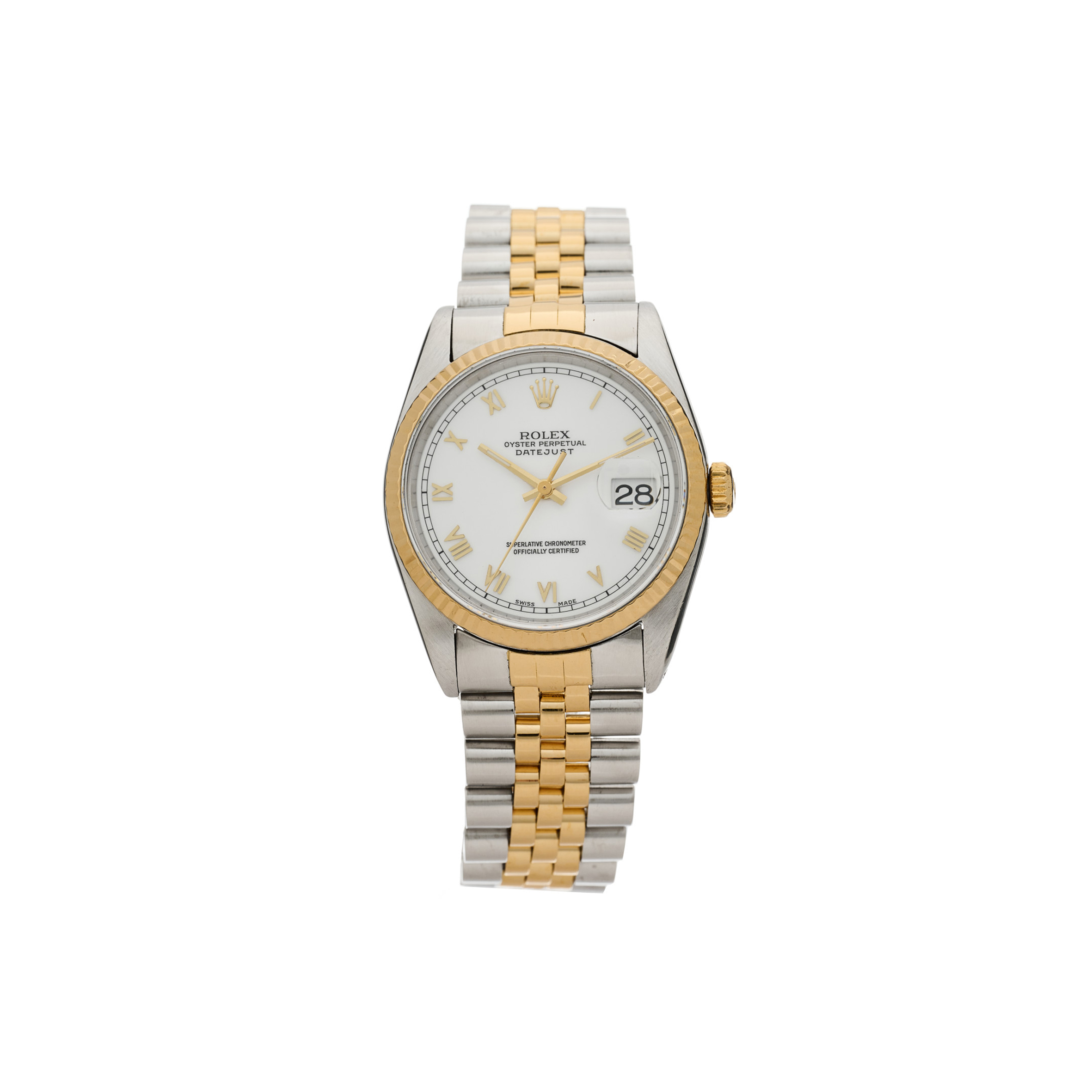 ROLEX STAINLESS STEEL 18K YELLOW GOLD 36MM OYSTER PERPETUAL DATEJUST WATCH WHITE ROMAN 16233