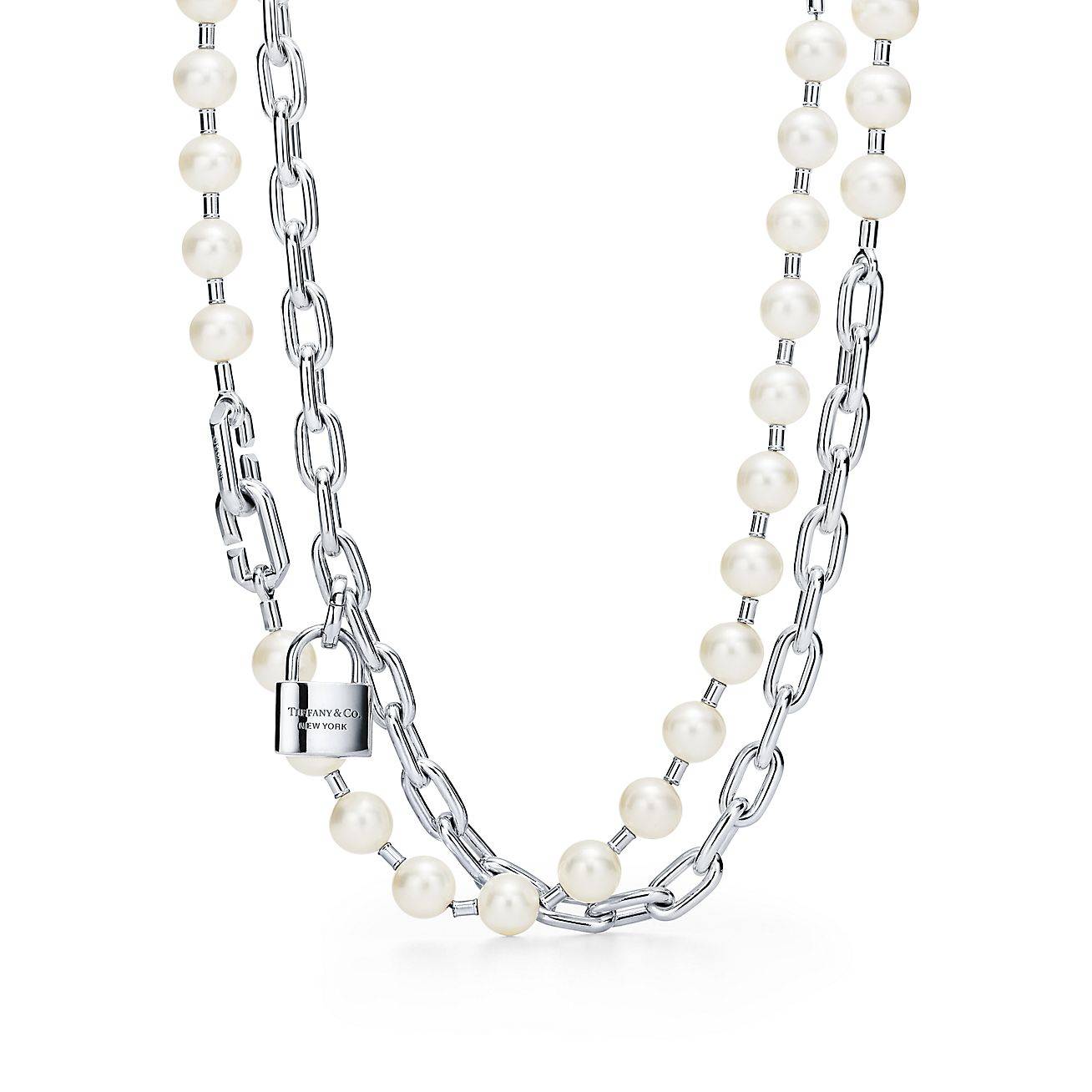 TIFFANY HARDWEAR PEARL LOCK NECKLACE IN SILVER, 9-10 MM