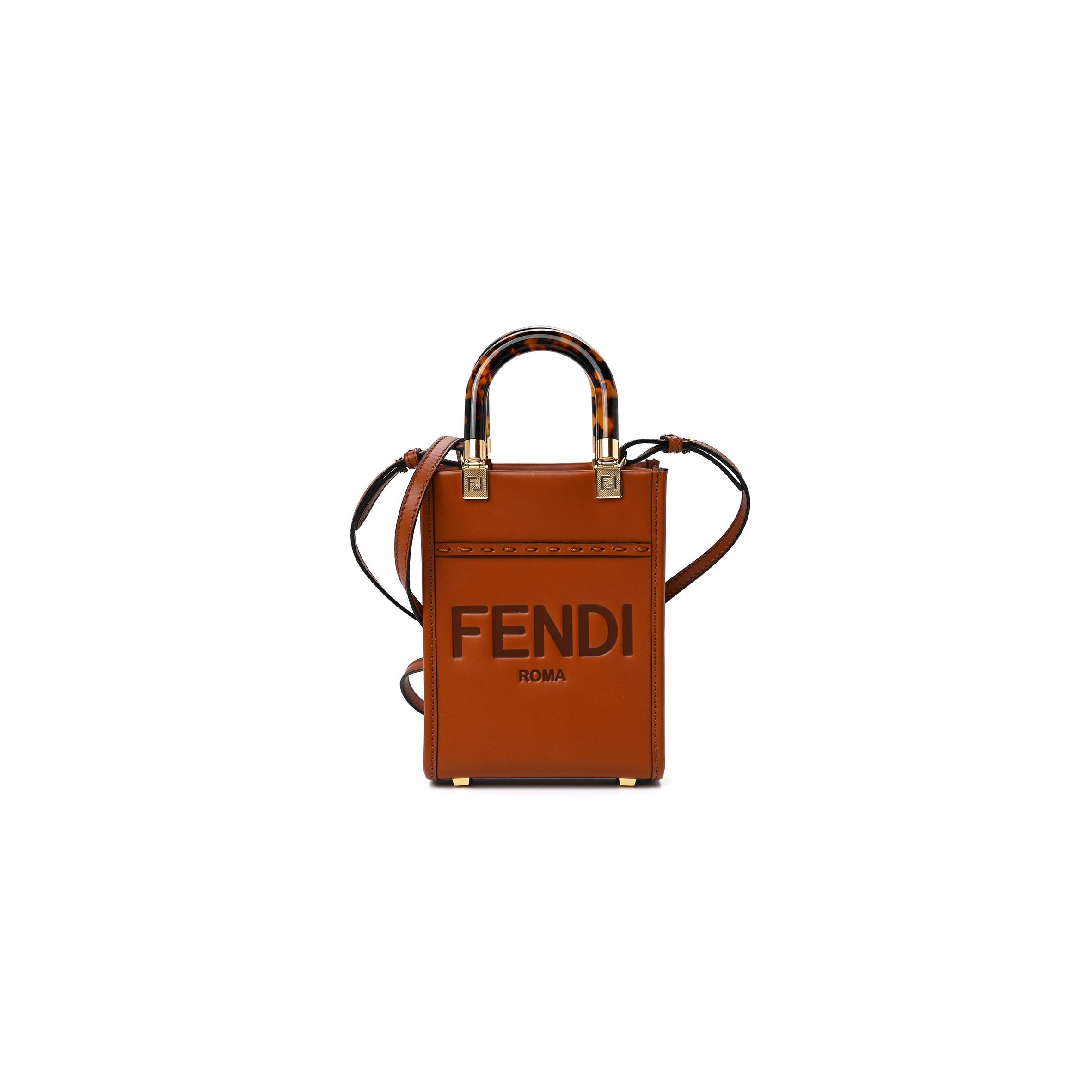 FENDI VITELLO KING PLEXIGLASS MINI FENDI SUNSHINE SHOPPER TOTE CUOIO (18*13*6cm)